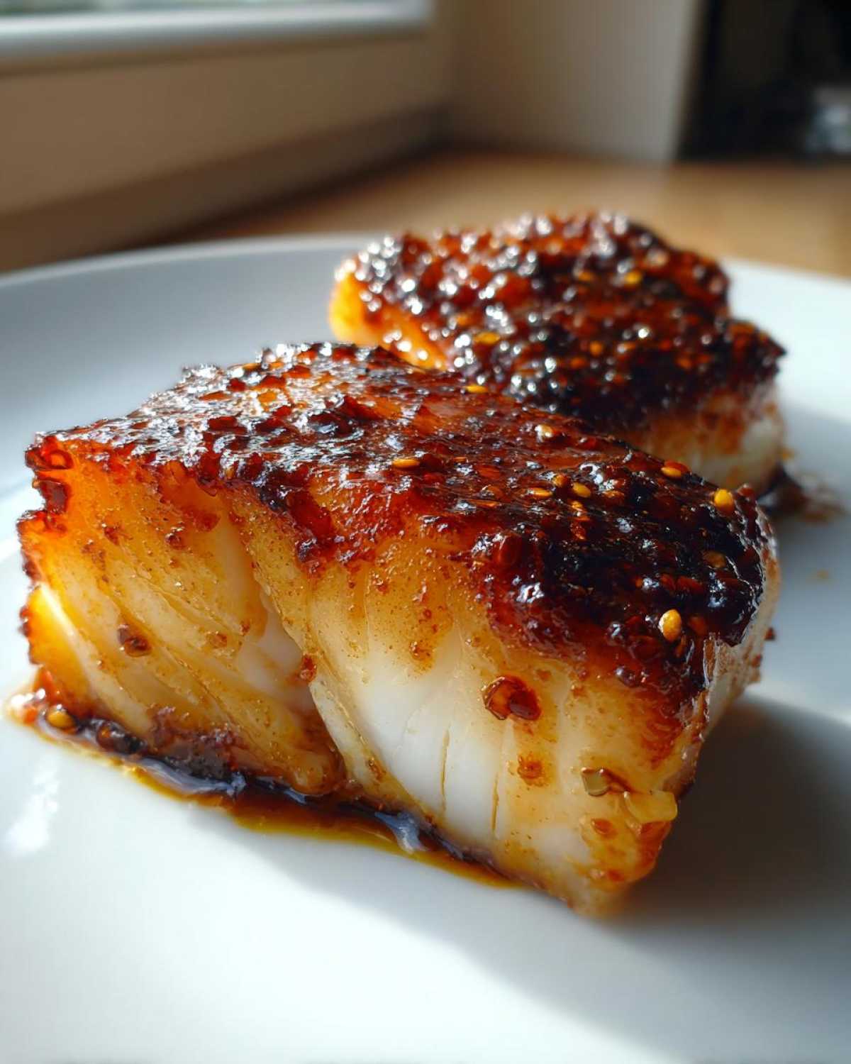 Close-up of a thick, flaky Honey Glazed Cod fillet coated in a dark, sticky garlic soy glaze.