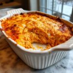 A scoop has been taken out of a hot, cheesy Buffalo Chicken Dip baked in a white rectangular dish.