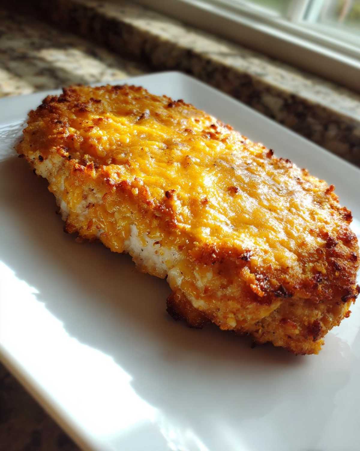 A close-up of a baked pork chop topped with melted, golden cheddar cheese, part of an Irresistible Cheddar Ranch Pork Chops Quick Dinner.