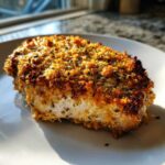 A perfectly cooked, thick Irresistible Cheddar Ranch Pork Chop with a golden, crispy, herbed crust on a white plate.