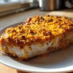 A thick, baked pork chop with a golden, crunchy Cheddar Ranch coating, served on a white plate.