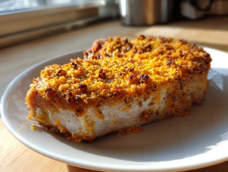 A thick, baked pork chop with a golden, crunchy Cheddar Ranch coating, served on a white plate.