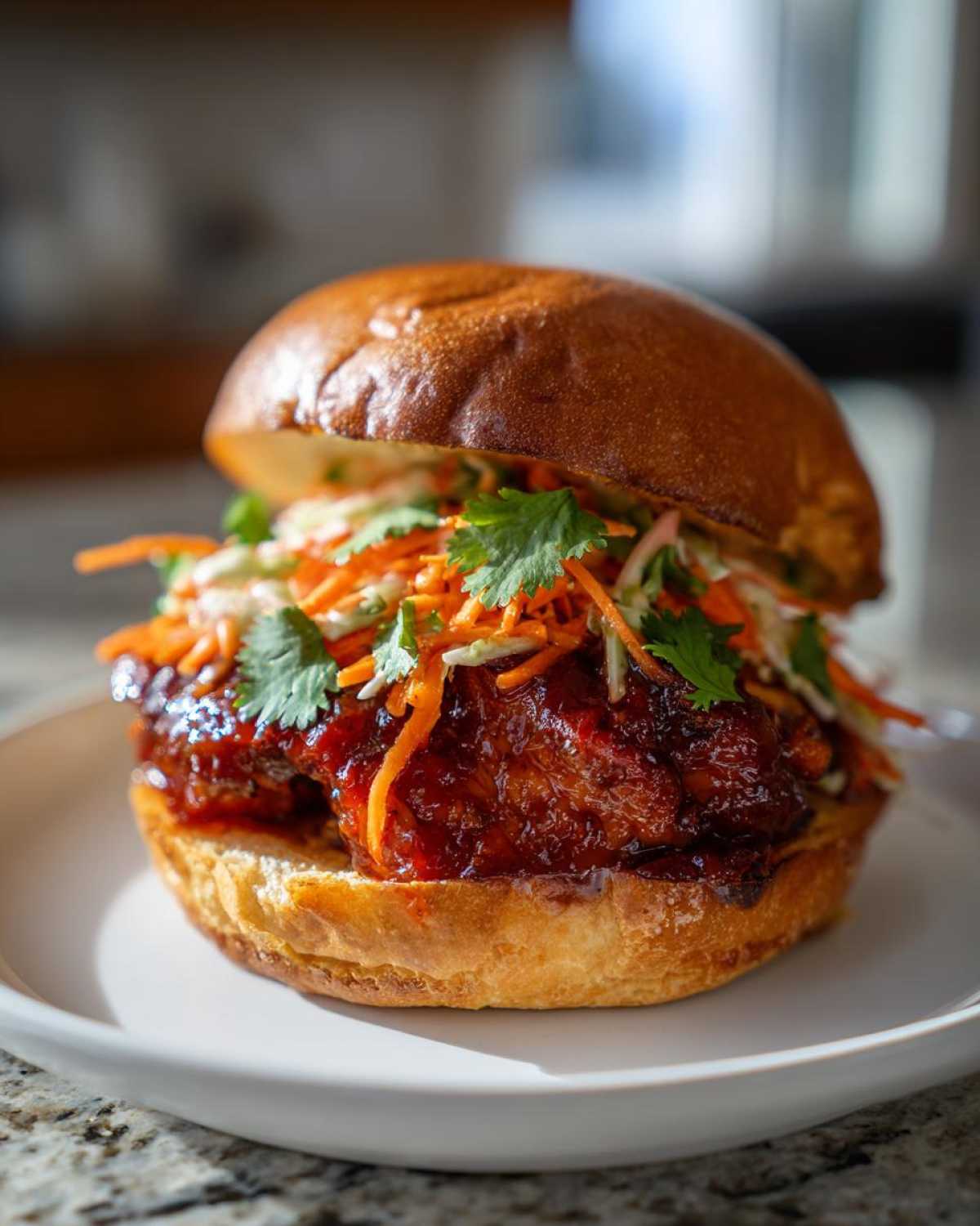 Close-up of a Korean BBQ Chicken Sandwich featuring glazed chicken, slaw, and cilantro on a toasted bun.