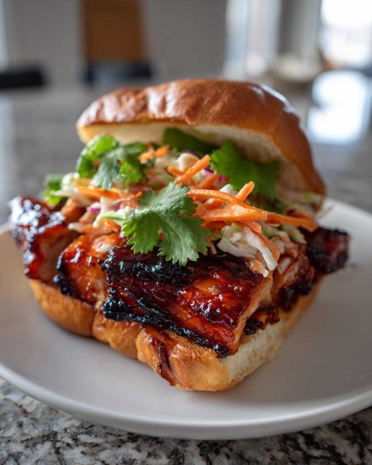 Close-up of a Korean BBQ Chicken Sandwich featuring glazed chicken, slaw, and cilantro on a toasted bun.