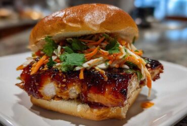 Close-up of a juicy Korean BBQ Chicken Sandwich featuring thick, glazed chicken, slaw, and cilantro on a soft bun.
