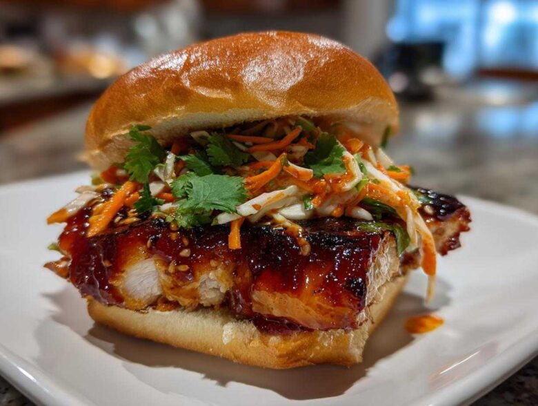 Close-up of a juicy Korean BBQ Chicken Sandwich featuring thick, glazed chicken, slaw, and cilantro on a soft bun.
