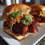 Close-up of a delicious Korean BBQ Chicken Sandwich slider with sticky glaze, slaw, and cilantro on a brioche bun.