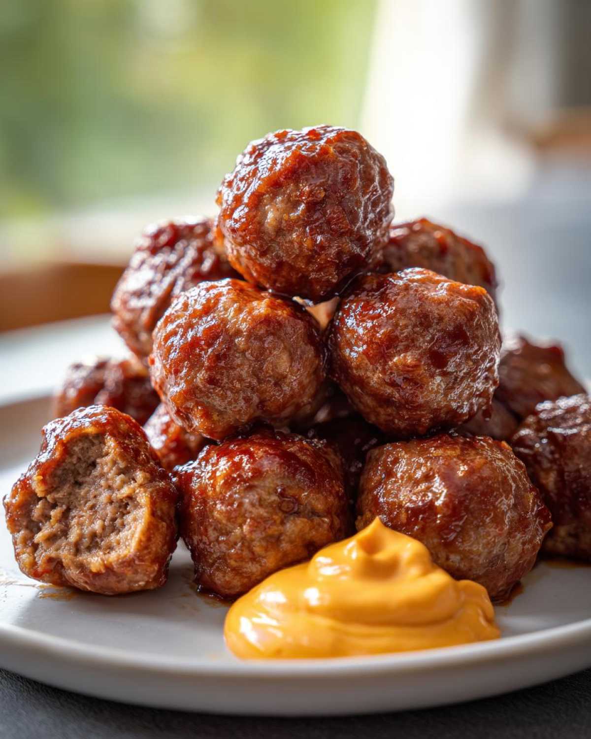 A pile of glazed Korean BBQ Meatballs with Spicy Mayo Dip served on a white plate.