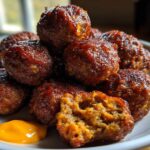A pile of glazed Korean BBQ Meatballs served on a white plate with a dollop of bright yellow spicy mayo dip.