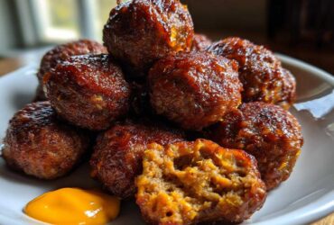 A pile of glazed Korean BBQ Meatballs served on a white plate with a dollop of bright yellow spicy mayo dip.