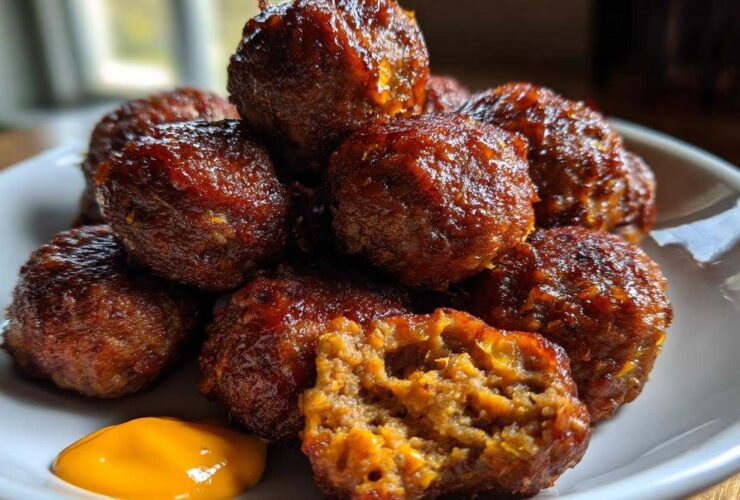 A pile of glazed Korean BBQ Meatballs served on a white plate with a dollop of bright yellow spicy mayo dip.