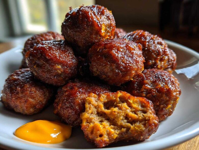 A pile of glazed Korean BBQ Meatballs served on a white plate with a dollop of bright yellow spicy mayo dip.
