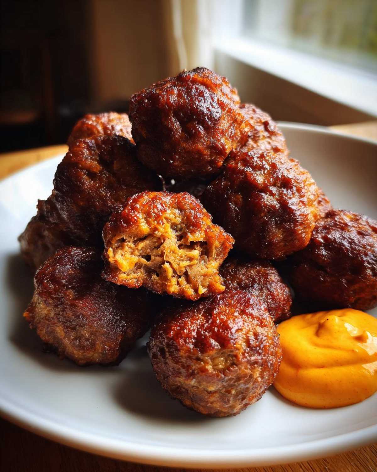 A pile of glazed Korean BBQ Meatballs with Spicy Mayo Dip, one meatball cut open showing texture.