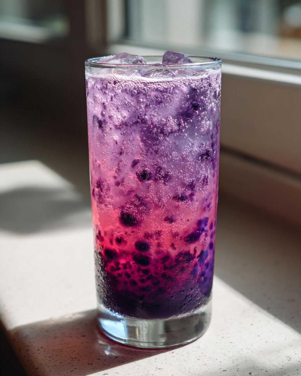 Close-up of a tall glass filled with vibrant, layered Blueberry Lemonade, showing purple and pink hues and carbonation bubbles.