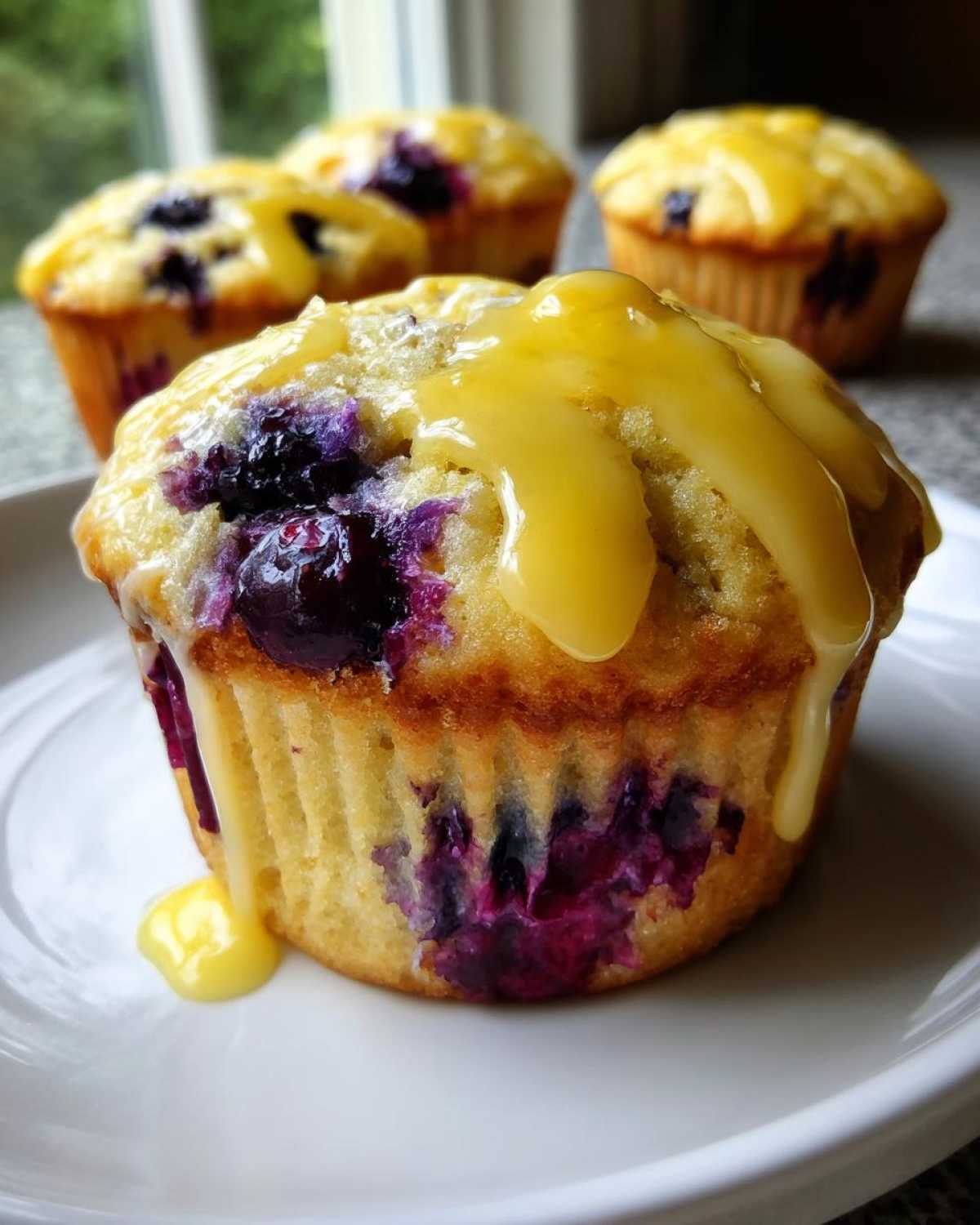 A close-up of a single Lemon Blueberry Muffin topped with a thick, bright yellow lemon glaze, sitting on a white plate.