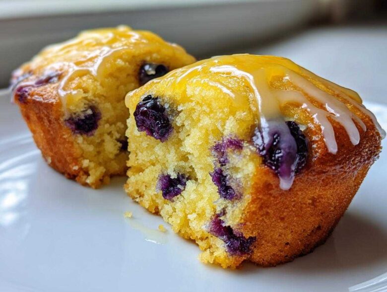 Cross-section of two Lemon Blueberry Muffins topped with a bright yellow lemon glaze.