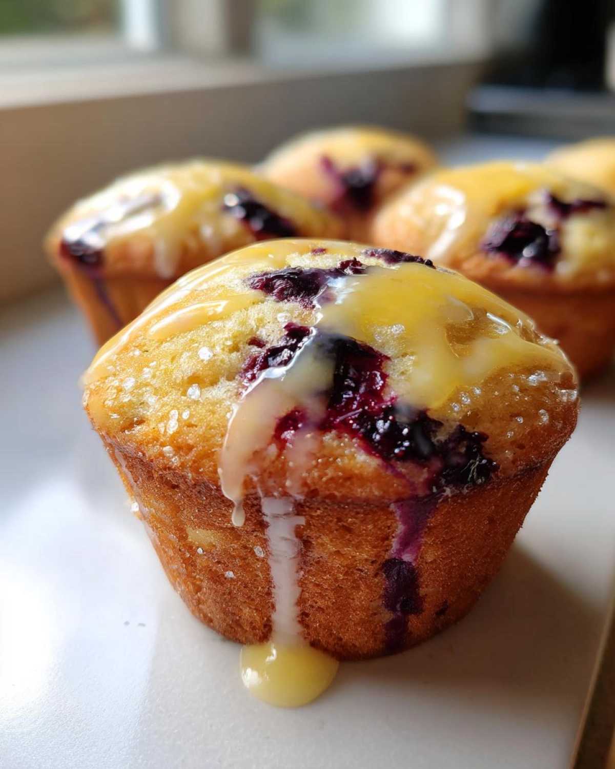 A close-up of a freshly baked Lemon Blueberry Muffin topped with a thick, yellow lemon glaze dripping down the side.