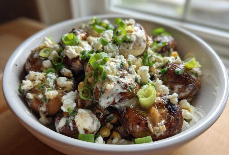 Close-up of roasted mushrooms topped with creamy sauce, cotija cheese, and green onions, resembling Mexican Street Corn Salad MushroomSalus.