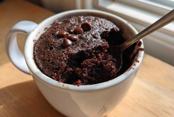 Close-up of a rich, dark Microwave Brownie in a Mug, topped with chocolate chips and being eaten with a spoon.