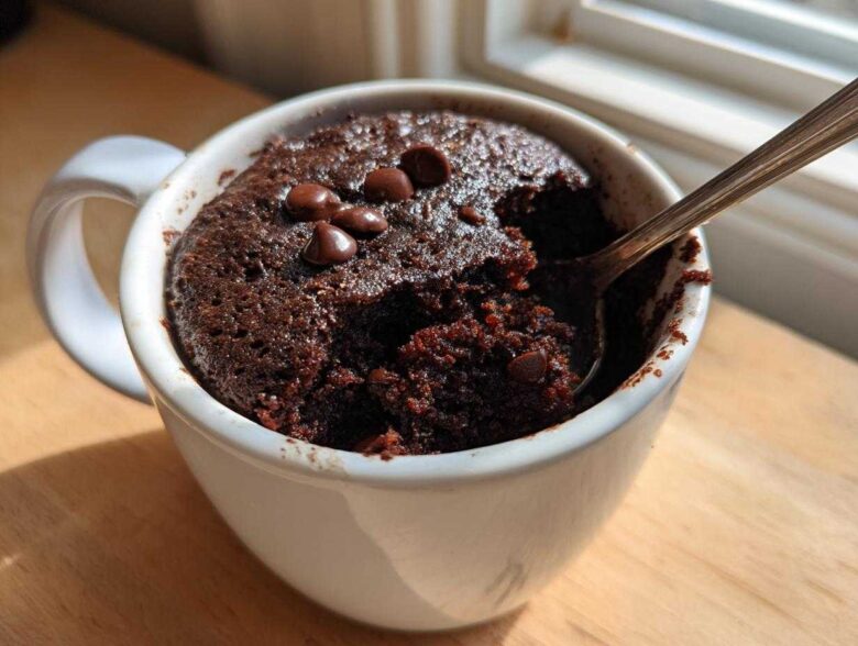 Close-up of a rich, dark Microwave Brownie in a Mug, topped with chocolate chips and being eaten with a spoon.