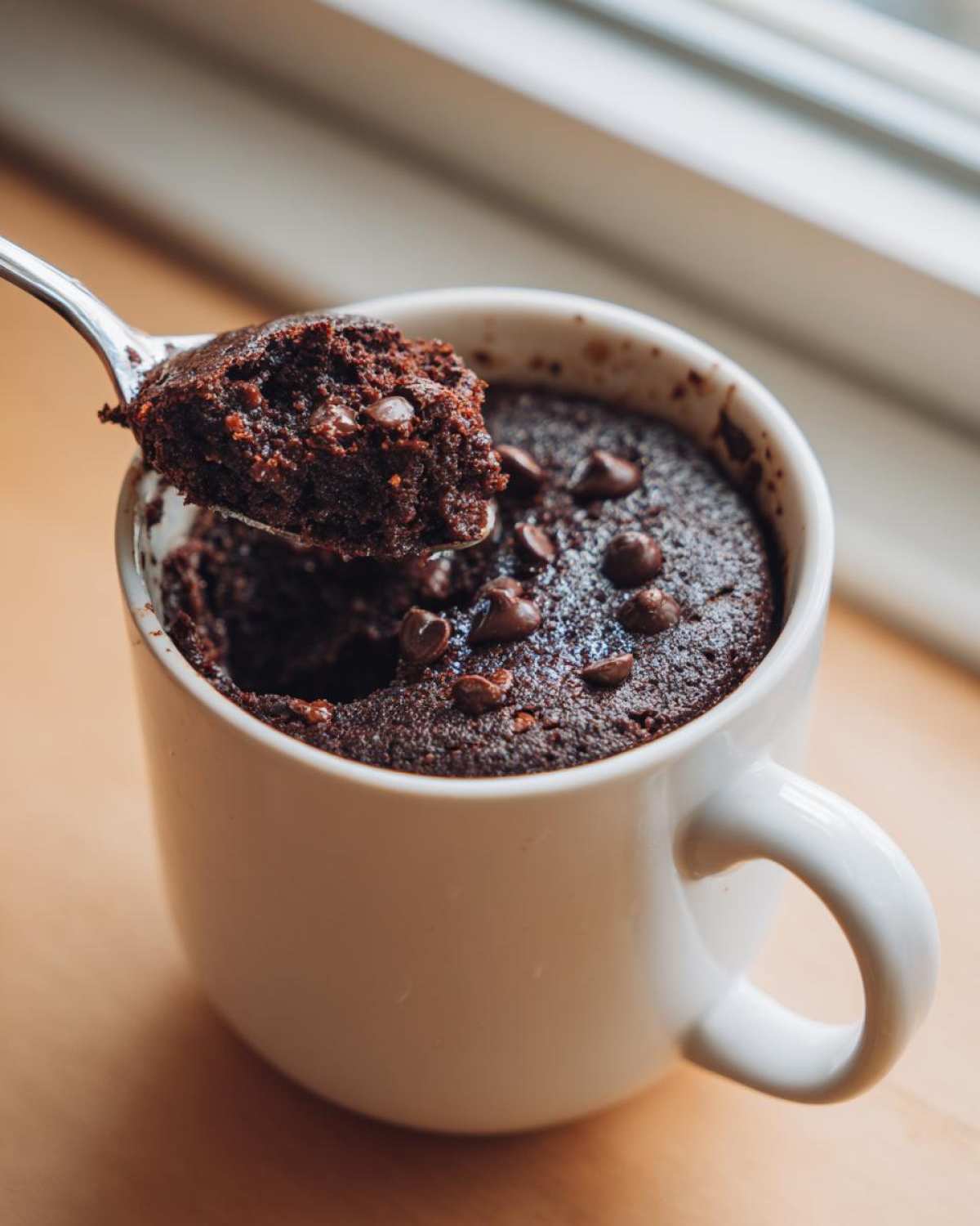 A spoonful of rich, dark Microwave Brownie in a Mug being lifted from the white mug.