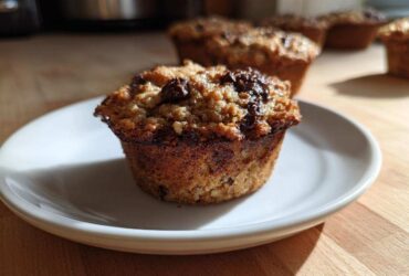 A close-up of a freshly baked Banana Chocolate Chip Muffin with a crumbly top, resting on a small white plate.
