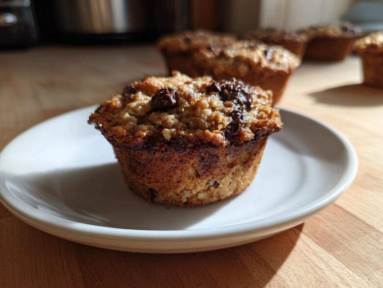 A close-up of a freshly baked Banana Chocolate Chip Muffin with a crumbly top, resting on a small white plate.