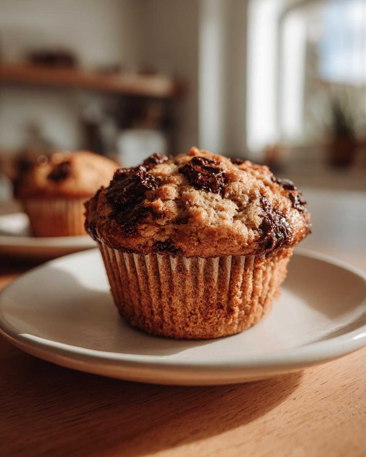 A close-up of a freshly baked Banana Chocolate Chip Muffins with a generous chocolate chip topping, sitting on a white plate.