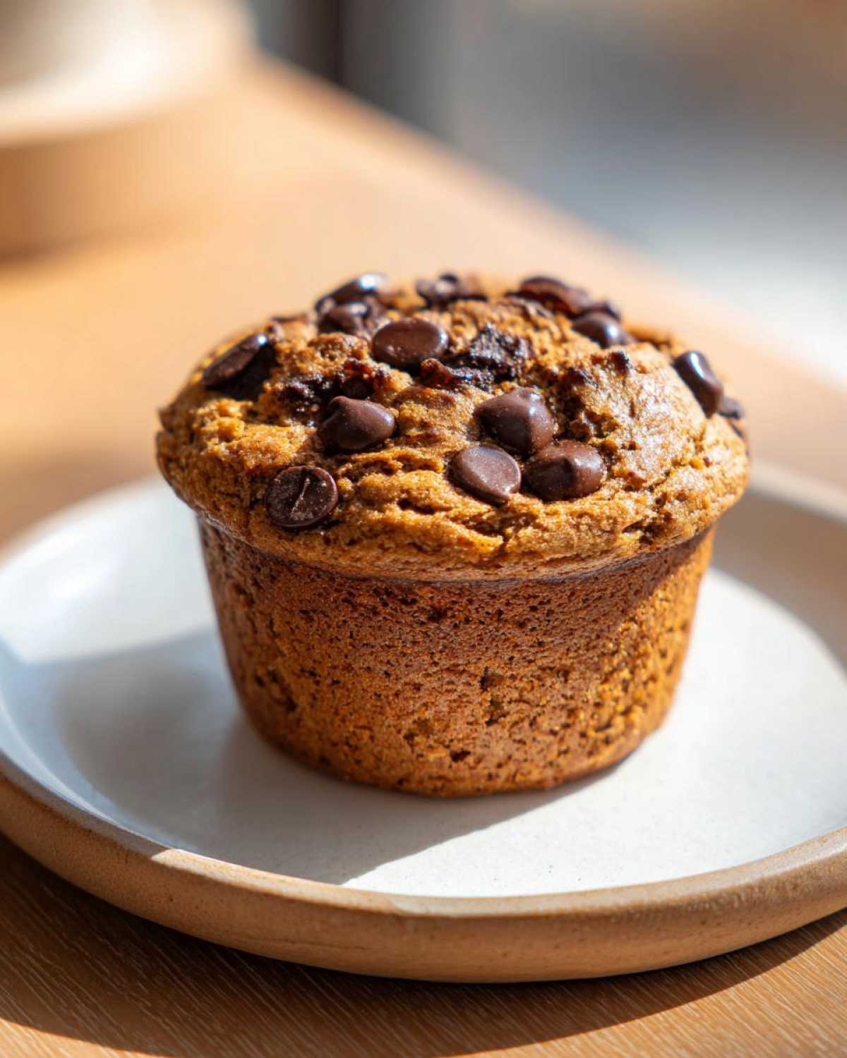 A single, golden-brown Banana Chocolate Chip Muffin topped generously with melted chocolate chips, sitting on a white plate.