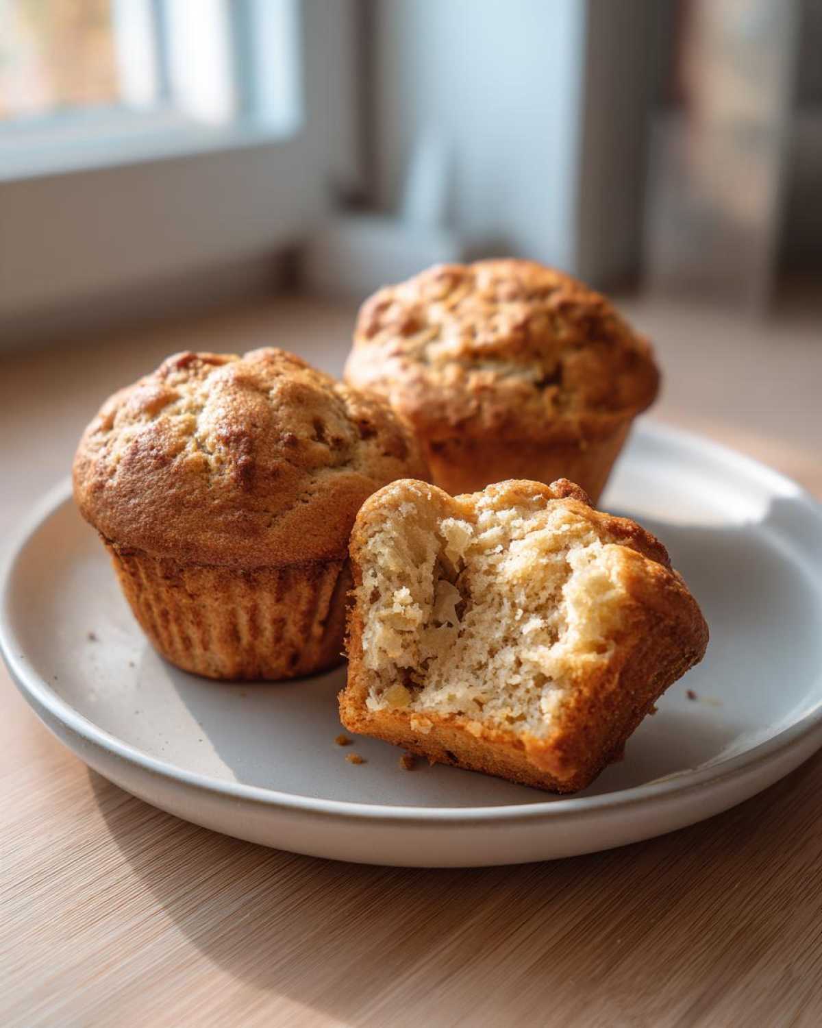 Three golden brown Cottage Cheese Banana Muffins on a plate, one broken open to show the soft interior texture.