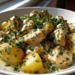 Close-up of One-Pan Creamy Garlic Herb Chicken and Potatoes coated in a rich sauce and topped with fresh parsley.