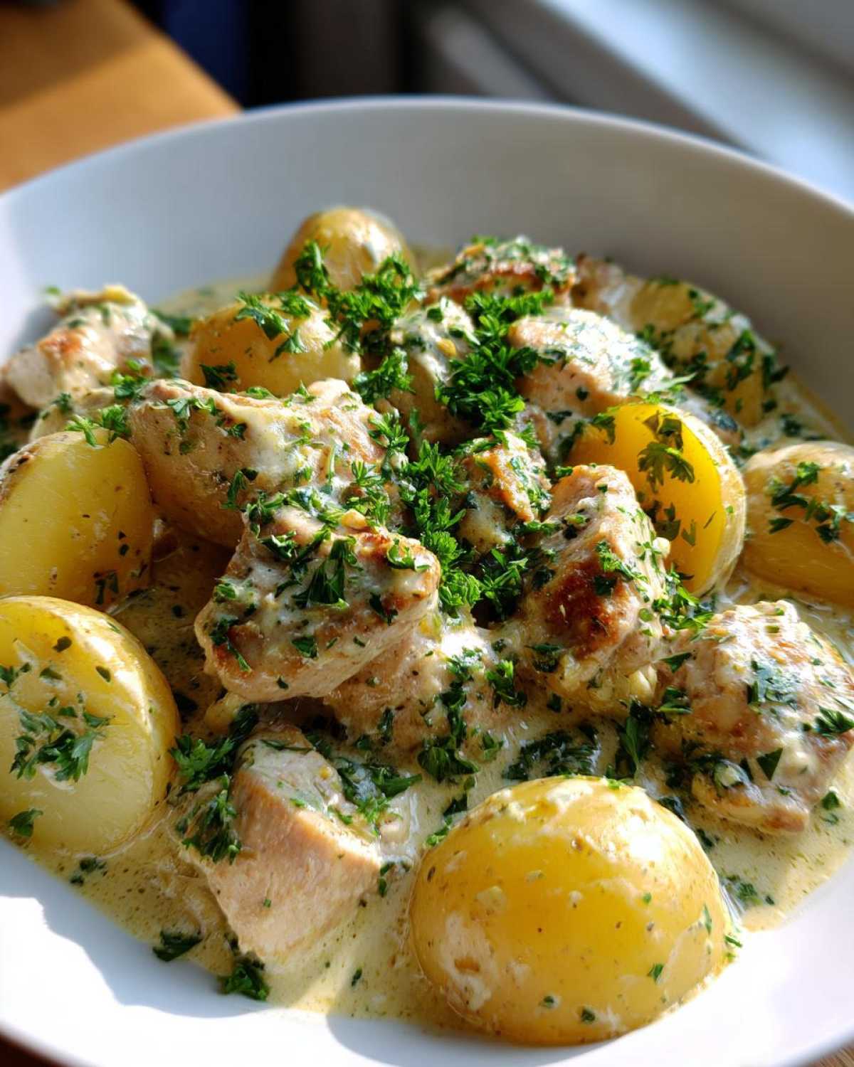 Close-up of One-Pan Creamy Garlic Herb Chicken and Potatoes coated in a rich sauce and topped with fresh parsley.