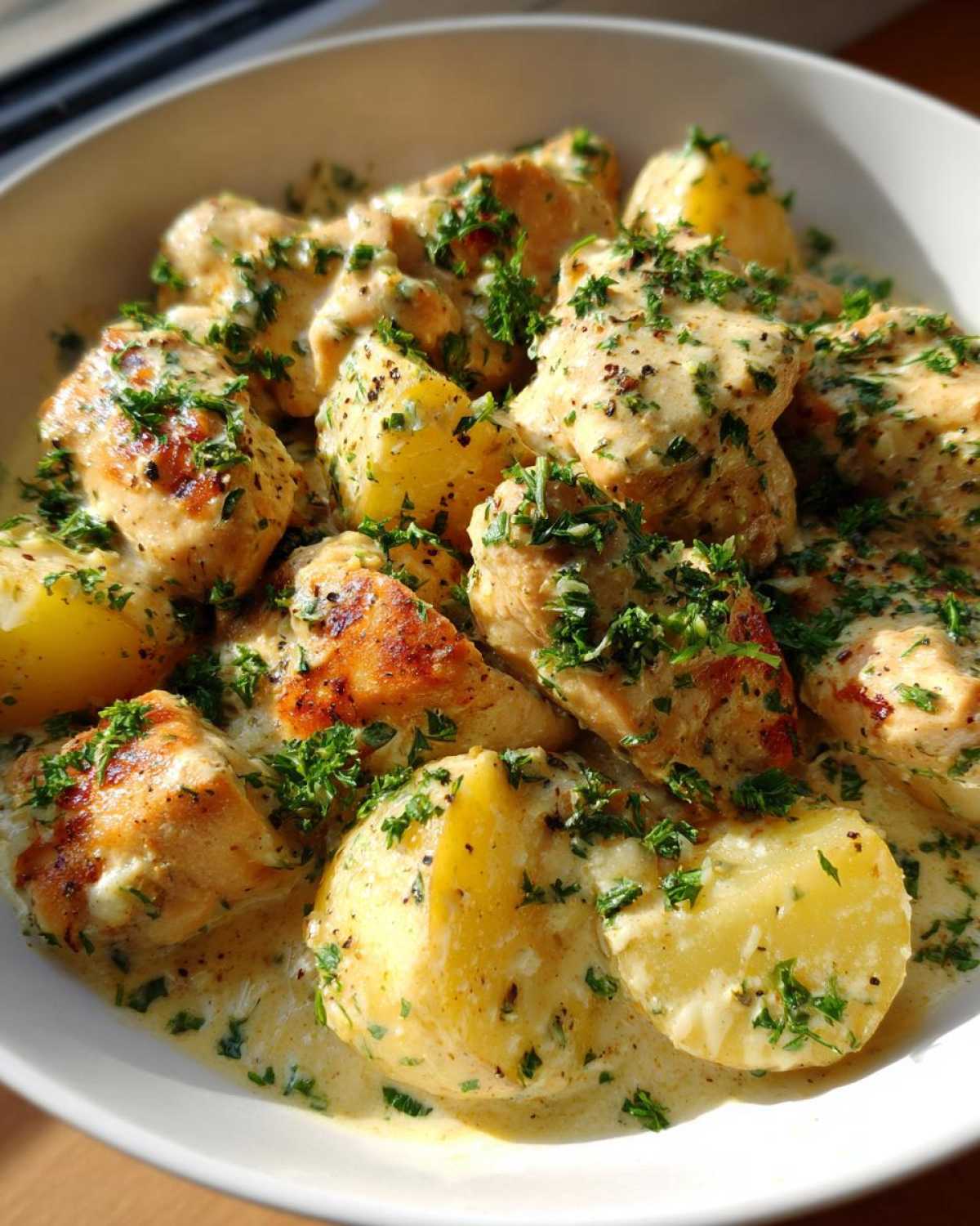 Close-up of One-Pan Creamy Garlic Herb Chicken and Potatoes coated in a rich sauce and fresh parsley.