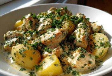 Close-up of One-Pan Creamy Garlic Herb Chicken and Potatoes coated in a rich sauce and topped with fresh parsley.