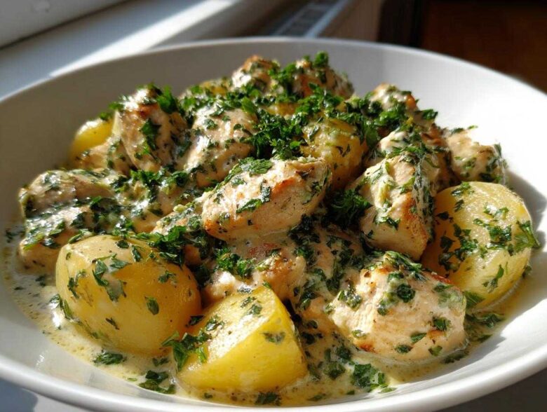 Close-up of One-Pan Creamy Garlic Herb Chicken and Potatoes coated in a rich sauce and topped with fresh parsley.