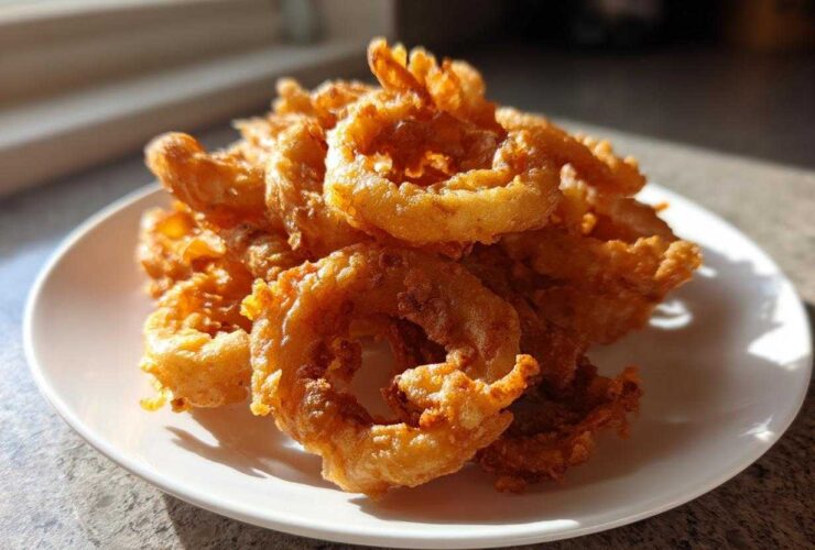 A close-up, featured image showing a mound of golden brown, crispy Onion Rings Extra Crispy piled high on a white plate.