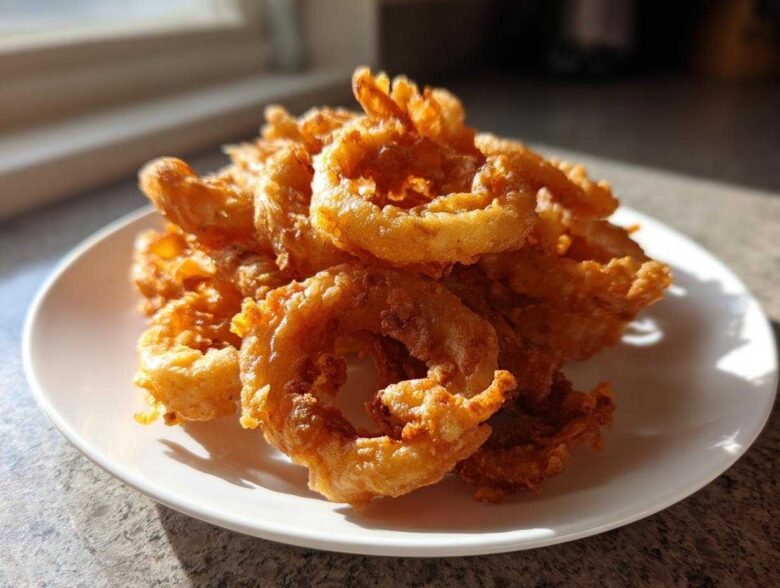 A close-up, featured image showing a mound of golden brown, crispy Onion Rings Extra Crispy piled high on a white plate.