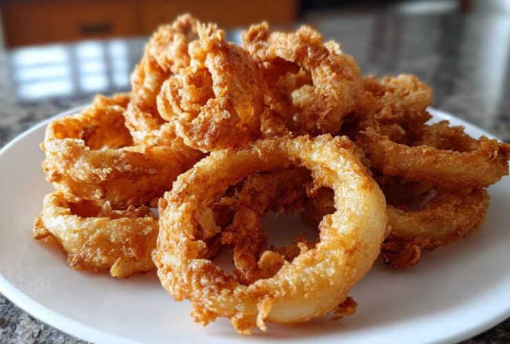 A close-up of a mound of golden-brown Onion Rings Extra Crispy piled high on a white plate.