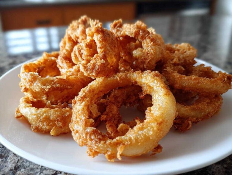 A close-up of a mound of golden-brown Onion Rings Extra Crispy piled high on a white plate.