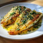 Two golden fillets of Pan Seared Flounder covered in brown butter sauce and fresh parsley.