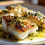 Three fillets of perfectly Pan Seared Flounder with Brown Butter and Lemon sauce glistening on a white plate.