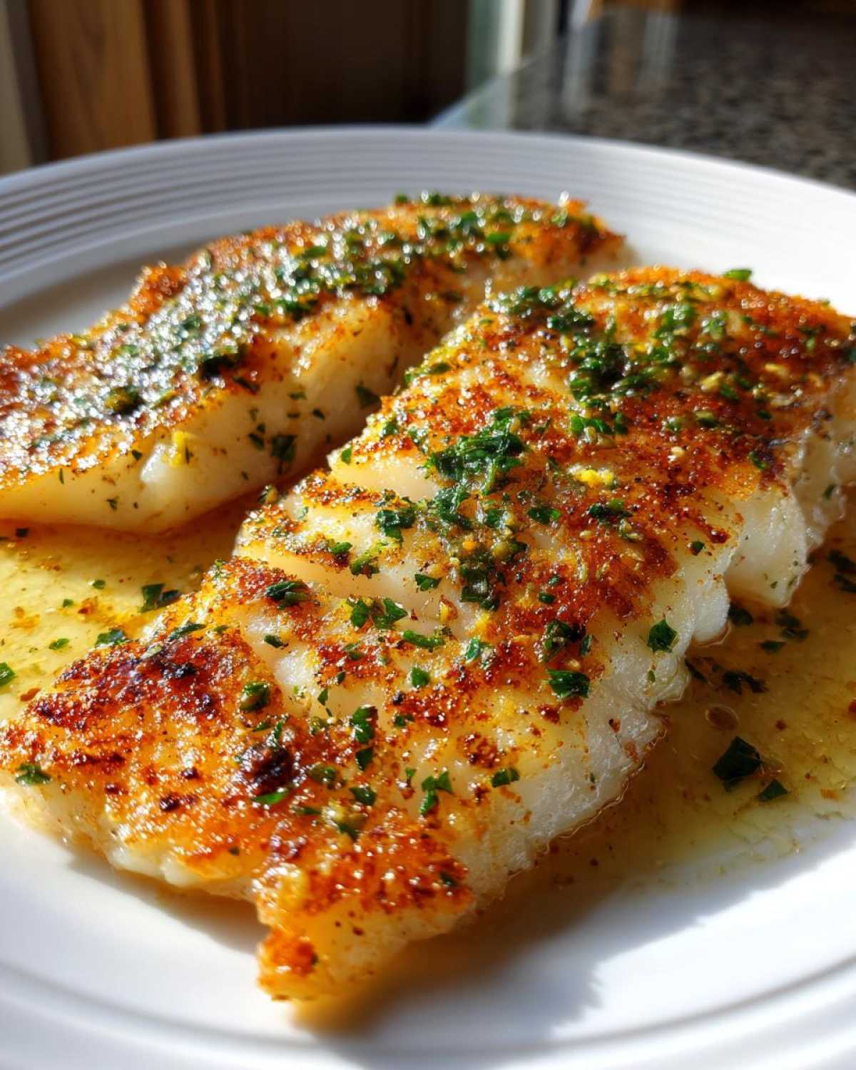 Two fillets of Pan Seared Flounder glistening with brown butter sauce and topped with fresh parsley.