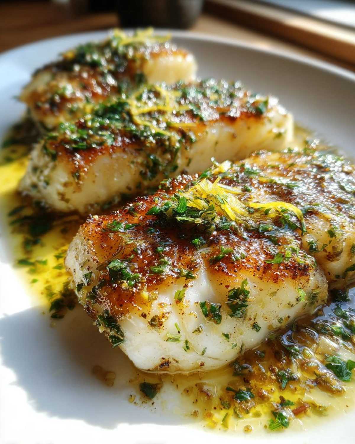Close-up of three pieces of Pan Seared Flounder covered in brown butter sauce, fresh parsley, and lemon zest.
