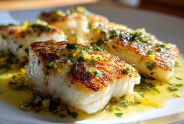 Three fillets of perfectly Pan Seared Flounder with Brown Butter and Lemon sauce glistening on a white plate.