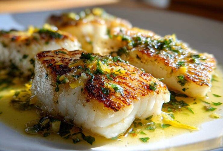 Three fillets of perfectly Pan Seared Flounder with Brown Butter and Lemon sauce glistening on a white plate.