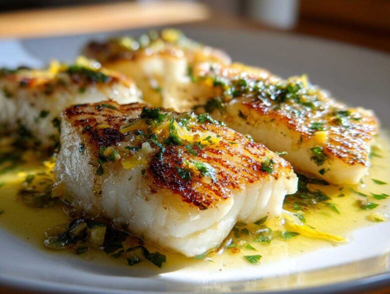 Three fillets of perfectly Pan Seared Flounder with Brown Butter and Lemon sauce glistening on a white plate.