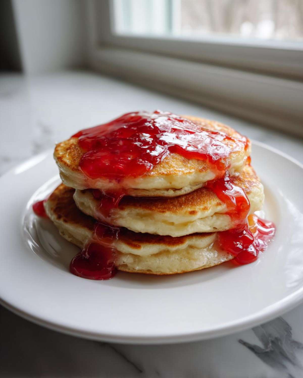 Stack of fluffy pancakes generously drizzled with bright red guava syrup, illustrating a use for Red Guava Syrup Bottle 64oz.