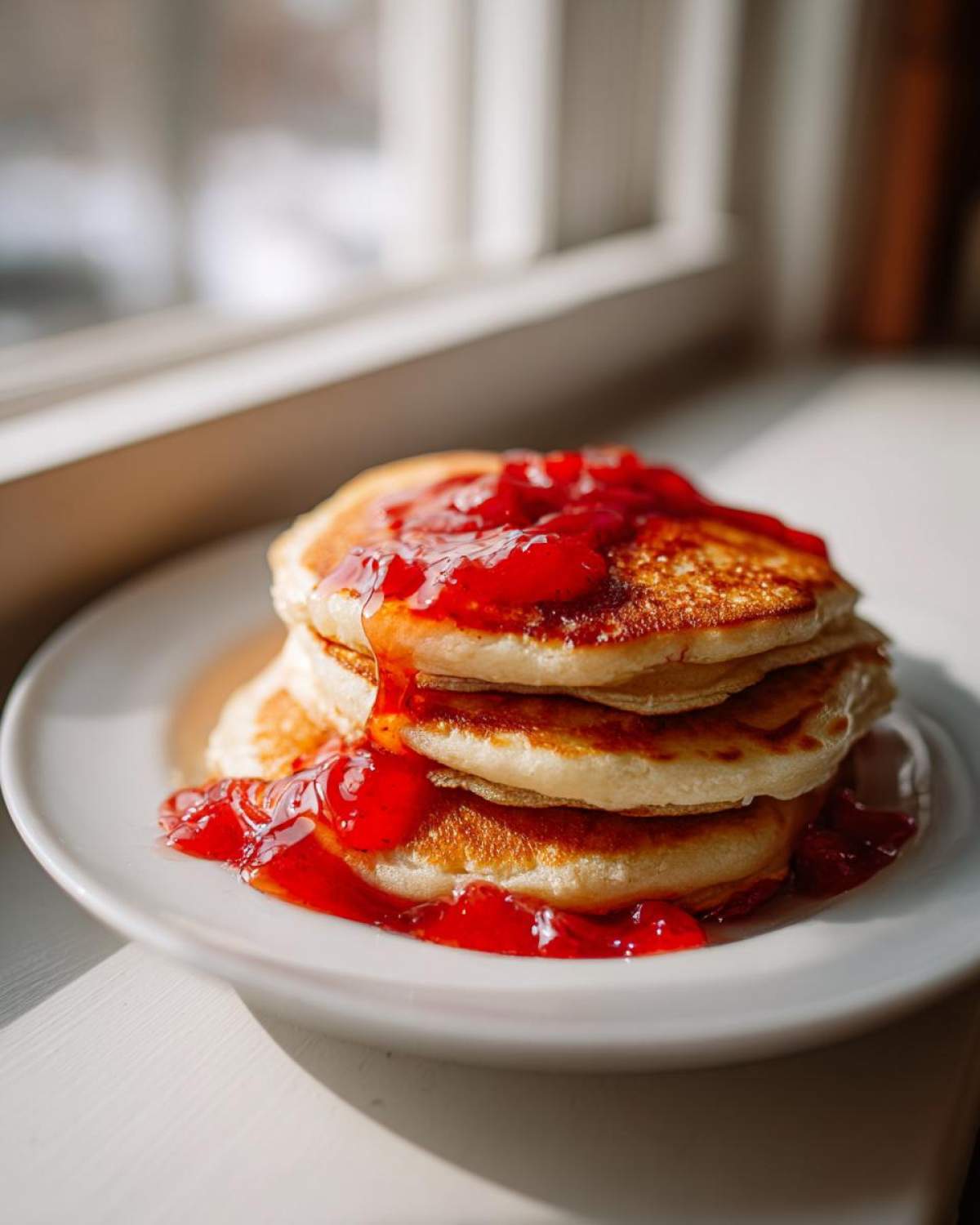 Stack of golden pancakes drizzled generously with bright red guava syrup next to a window.