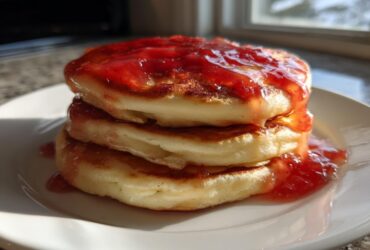 A stack of three fluffy pancakes generously drizzled with bright red guava syrup.