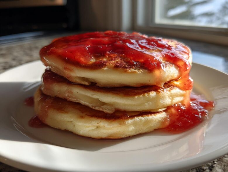 A stack of three fluffy pancakes generously drizzled with bright red guava syrup.